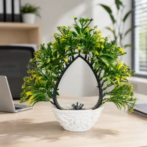Green & Yellow Artificial Foliage Arch Arrangement in Decorative White Pot