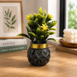 Mini Artificial Green Plant with Yellow Flowers in Black & Gold Pot
