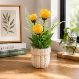 Mini Artificial Yellow Rose Plant in Knitted Texture Pot