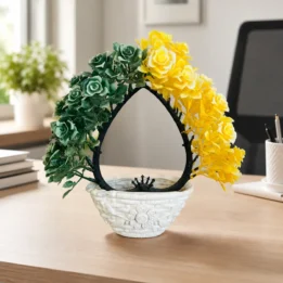 Green & Yellow Rose Arch Artificial Flower Arrangement in Decorative White Pot