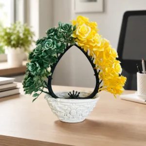 Green & Yellow Rose Arch Artificial Flower Arrangement in Decorative White Pot