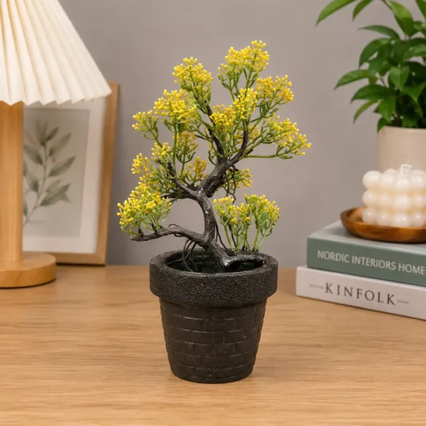 Mini Artificial Yellow Blossom Bonsai Tree in Black Pot
