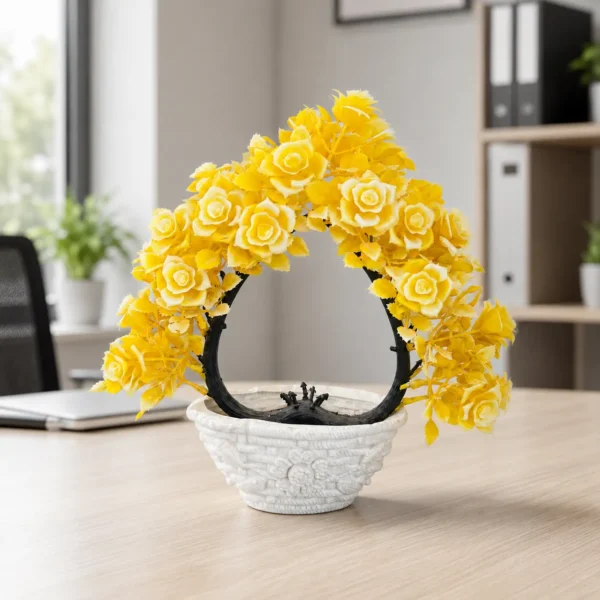 Yellow Rose Arch Artificial Flower Arrangement in Decorative White Pot